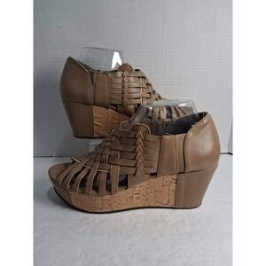 Pierre Dumas Wedge Sandals Tan Woven Cork Platform Open Toe Zip Back Size‎ 8.5